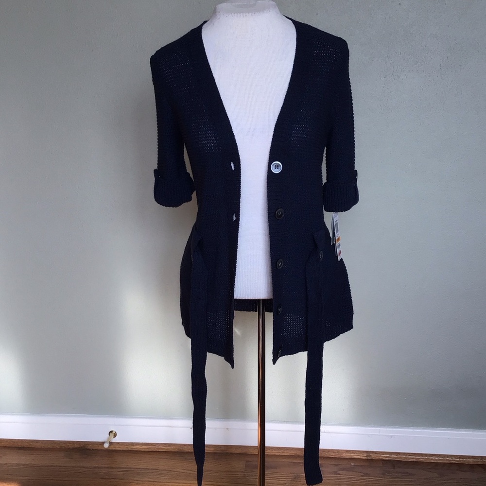 Charter Club Navy 3/4 Sleeves Pockets Self-Tie Belt Cardigan Petite Small